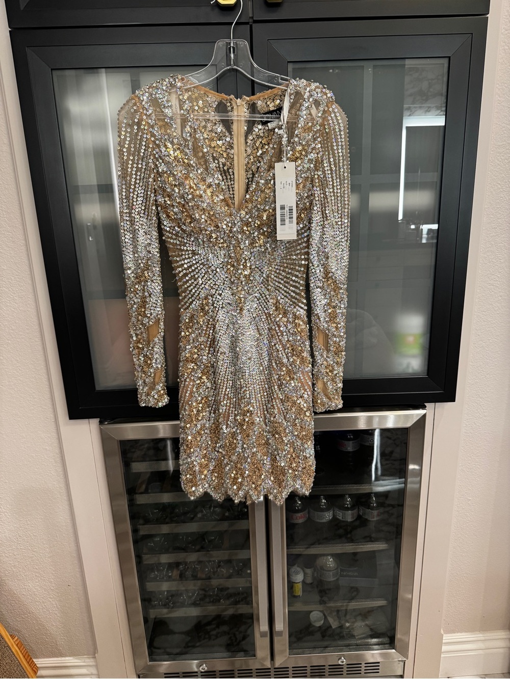 Jovani Gold and Silver Sequin Long Sleeve Cocktail Dress